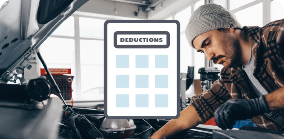 Photo of a mechanic working on a car and an illustration of a Deduction Calculator